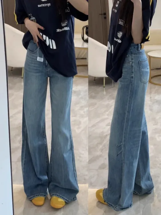 复古蓝美式不贴腿微喇牛仔裤女早秋款大码胖mm高腰宽松阔腿拖地裤