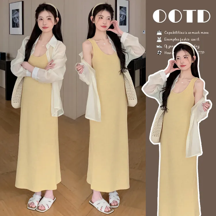 孕妇夏季韩系吊带+防晒设计开叉衬衫两件套套装