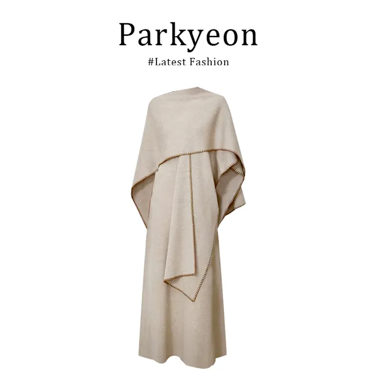 parkyeon法式咖色披肩圆领短袖背心连衣裙纯色高级感修身收腰长裙