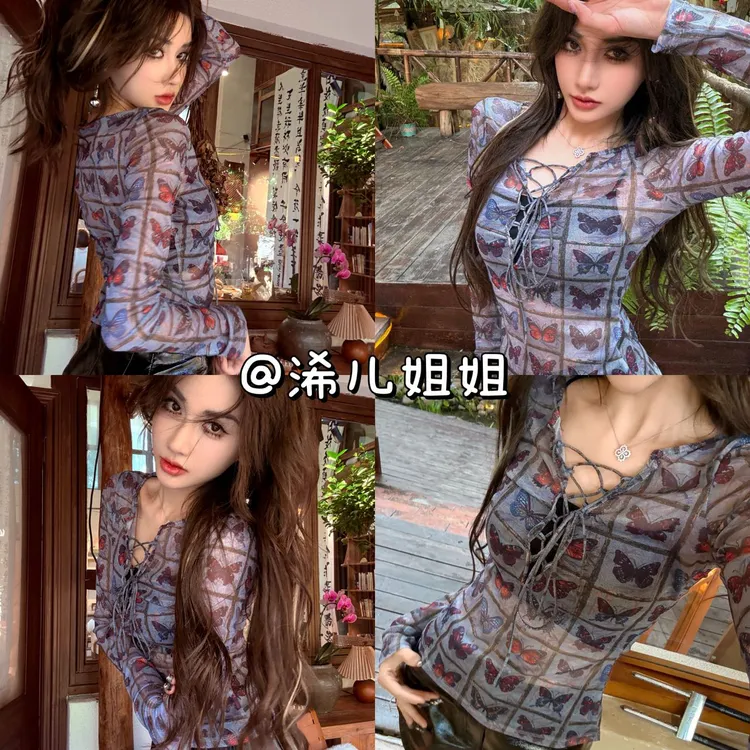 小众款蝴蝶印花系带长袖T恤修身显瘦打底上衣