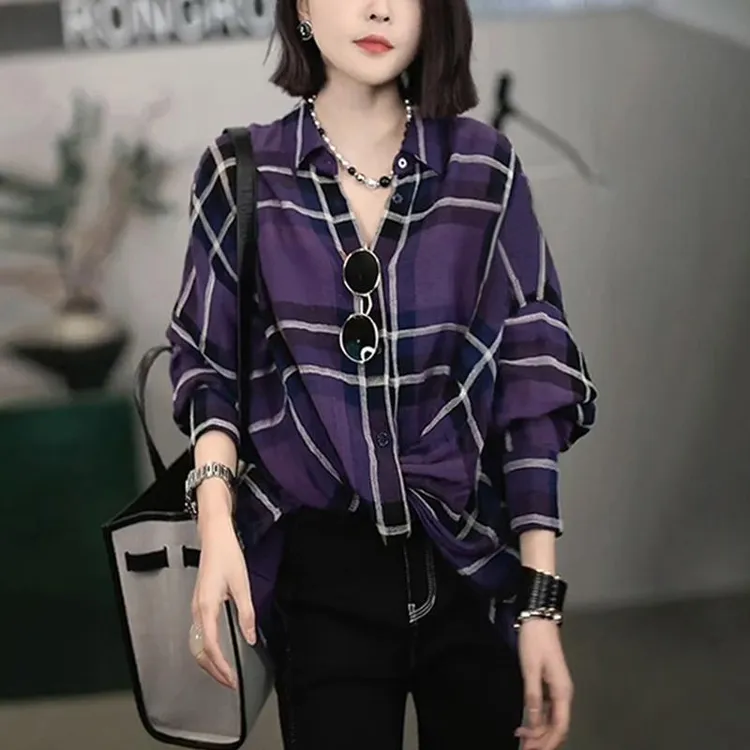 时尚POLO领长袖衬衫女夏设计感别致拼色格子休闲衬衣气质显瘦上衣