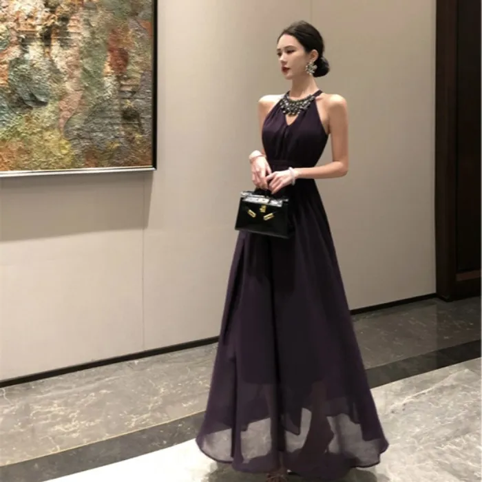 千金风重工名媛长裙镶钻紫色挂脖连衣裙