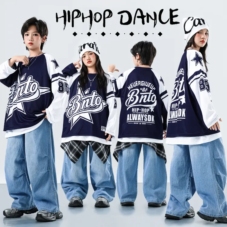 儿童潮酷嘻哈街舞表演潮服长袖牛仔复古宽松潮流印花国潮hiphop