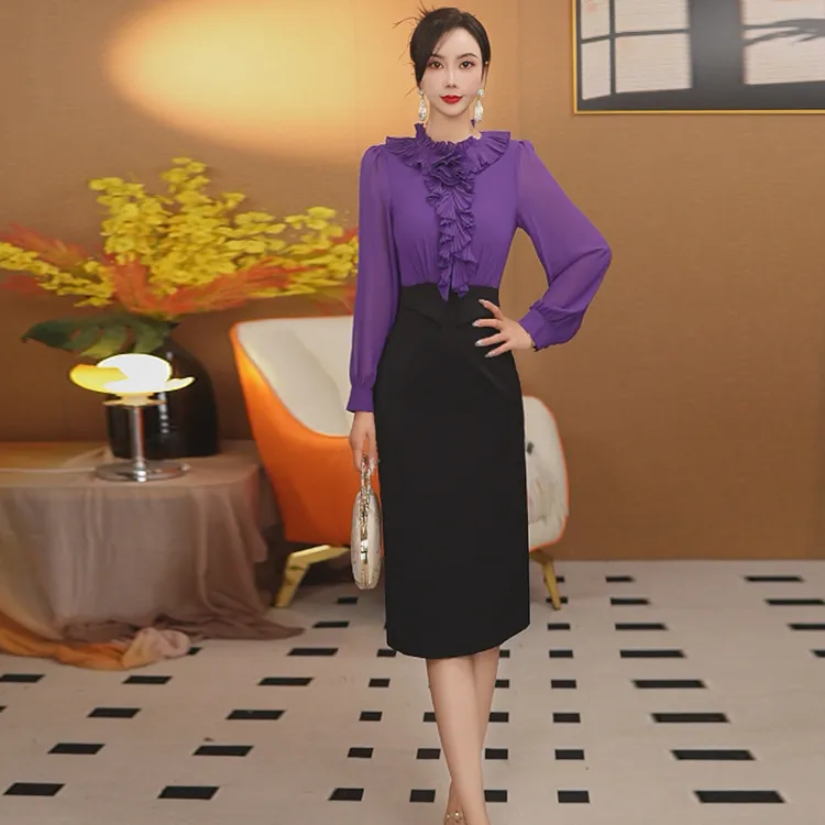 紫色连衣裙长袖拼接包臀裙新款60450