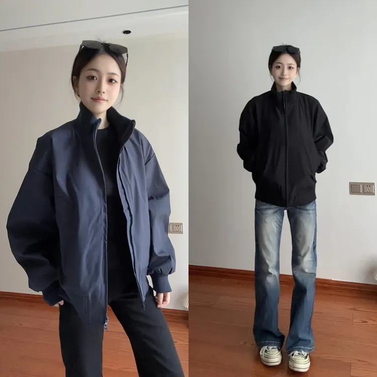 藏青色短款外套男秋季高级感痞帅美式立领冲锋衣