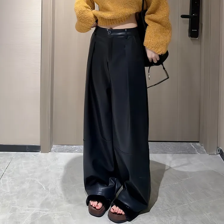 【CCDZ】秋冬新款时尚韩系百搭高腰显瘦休闲阔腿裤皮裤女