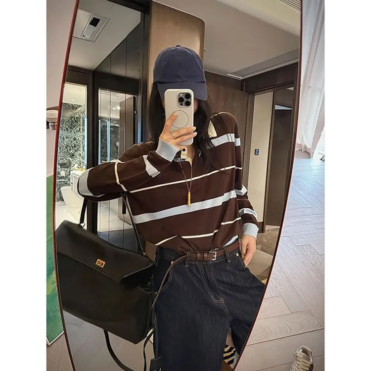 韩版撞色条纹polo领针织衫女早秋款氛围感独特设计感百搭长袖上衣
