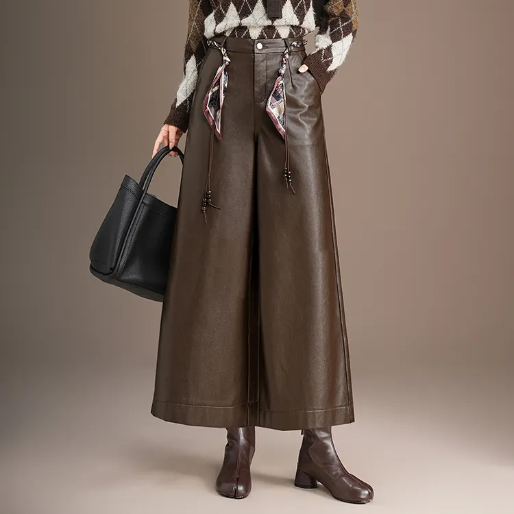 九分皮裤阔腿裤女2025年秋冬季新款时尚直筒休闲宽松裤子pu皮中裤