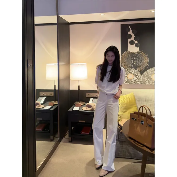 2025韩版简约风修身显瘦百搭时尚上衣穿搭休闲宽松直筒长裤套装女
