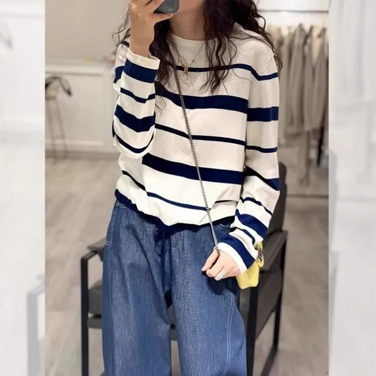韩系条纹t恤防晒罩衫女薄款空调衫2025新款秋宽松显瘦小个子上衣