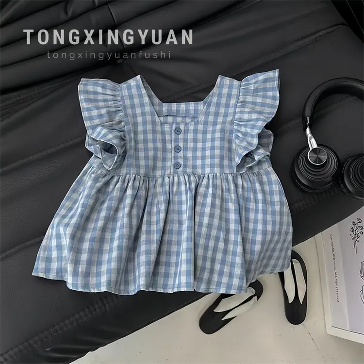 【夏季新品】甜妹！韩系女宝宝格子小飞袖公主娃娃衫短裤洋气套装2