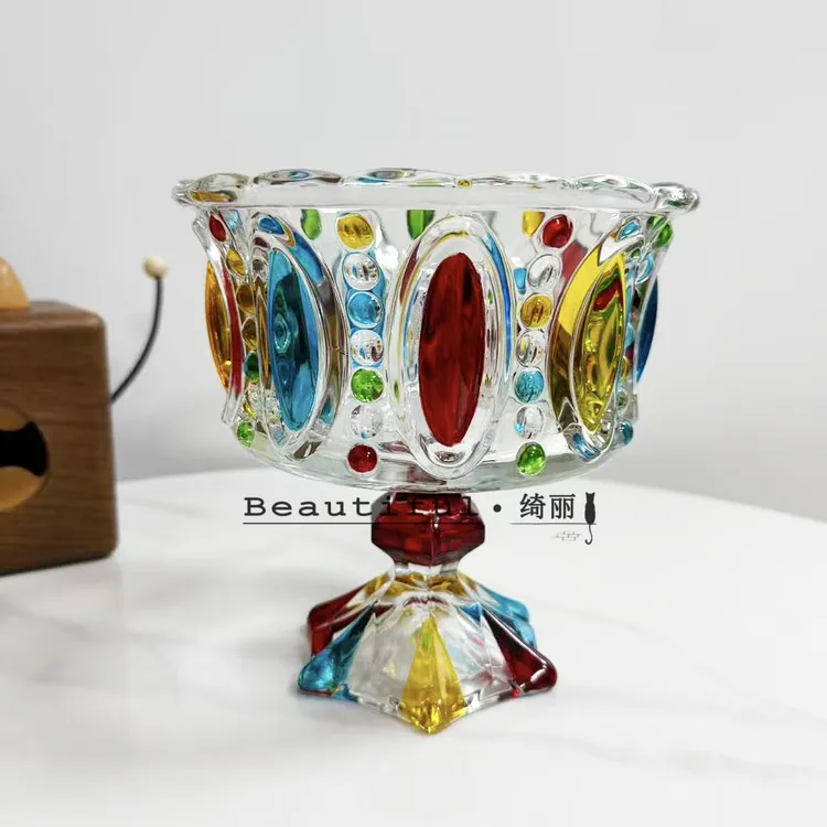 单只-轻奢人工手绘珠点蓝色龙眼高脚甜品杯珠点水晶冰淇淋高脚杯