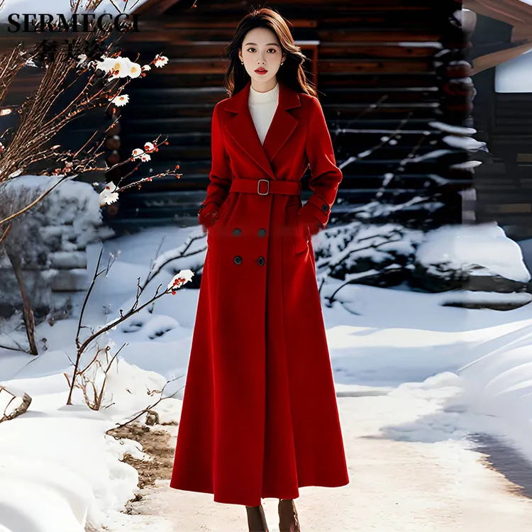 韩版修身毛呢大衣2025冬季新长款加绒加厚轻奢大红色呢子外套过膝