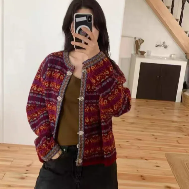 【HDL】FURE韩国代购2025新款重工系扣费尔岛毛衣外套女复古针织衫