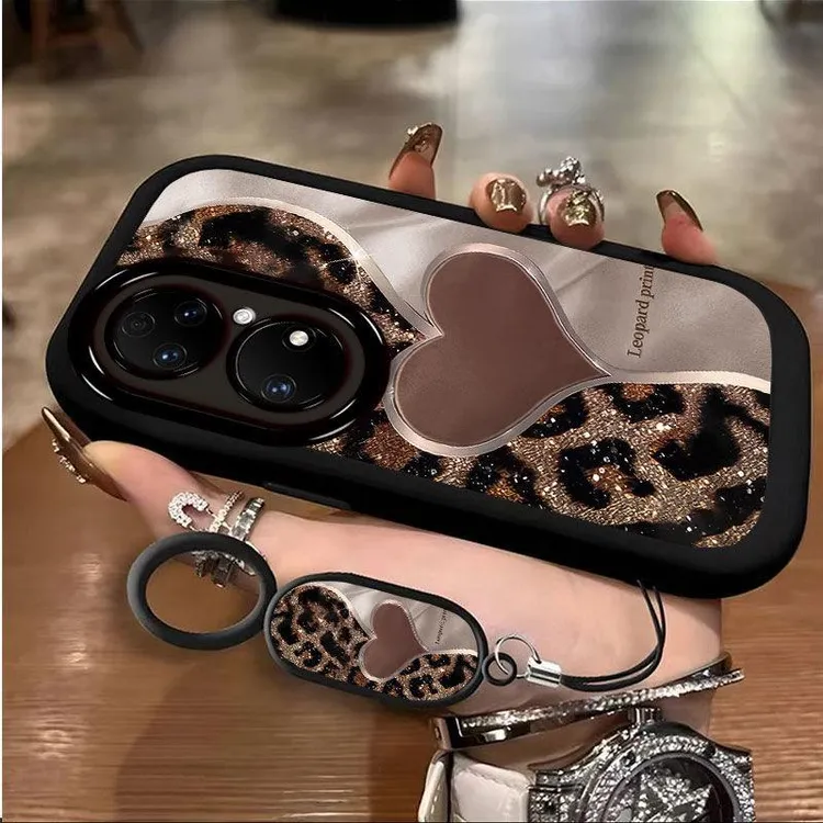 爱心豹纹适用华为p50p50E手机壳防摔p50pro全包高级感小众潮牌软