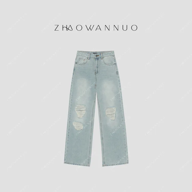 ZHAO WANNUO 丨25新款浅色直筒修身破洞牛仔裤NC0673