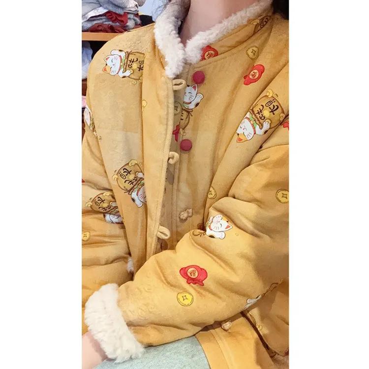 新中式国风减龄印花棉服女冬季宽松加厚保暖毛毛立领盘扣棉衣棉袄