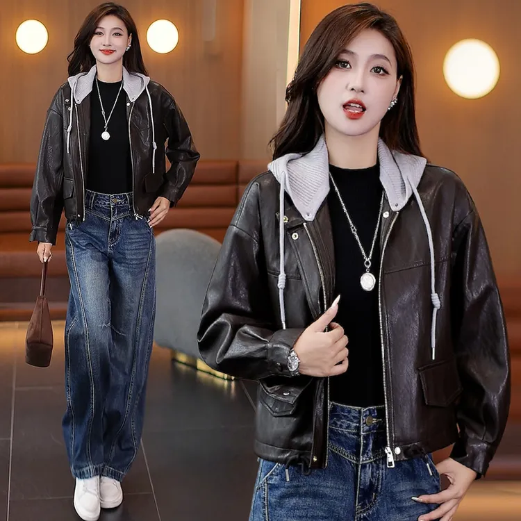 休闲风时尚百搭连帽PU皮衣女2025秋季新款小个子宽松显瘦短外套潮