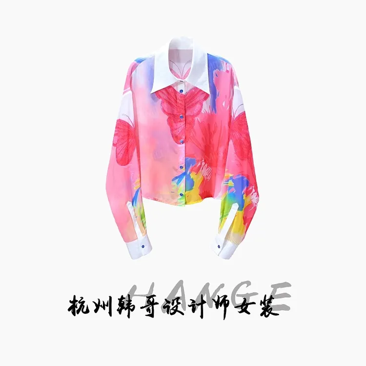 【韩哥女装】欧版多巴胺彩色蝴蝶印花时尚休闲短款冰丝网纱衬衫8012