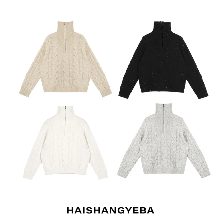 【海上叶爸】新款2025秋冬百搭羊绒立领套头拉链厚款麻花针织毛衣