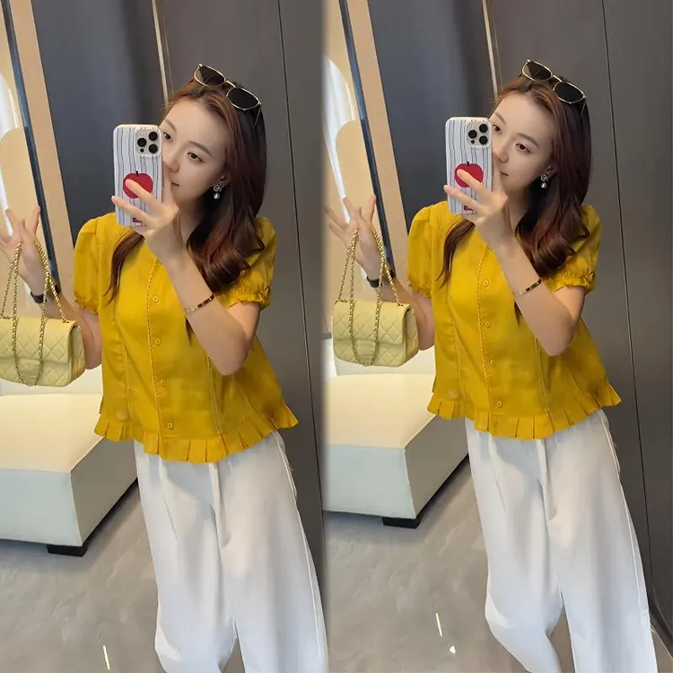 2025夏季新款法式宽松短袖上衣搭白色阔腿裤百搭日常韩版气质