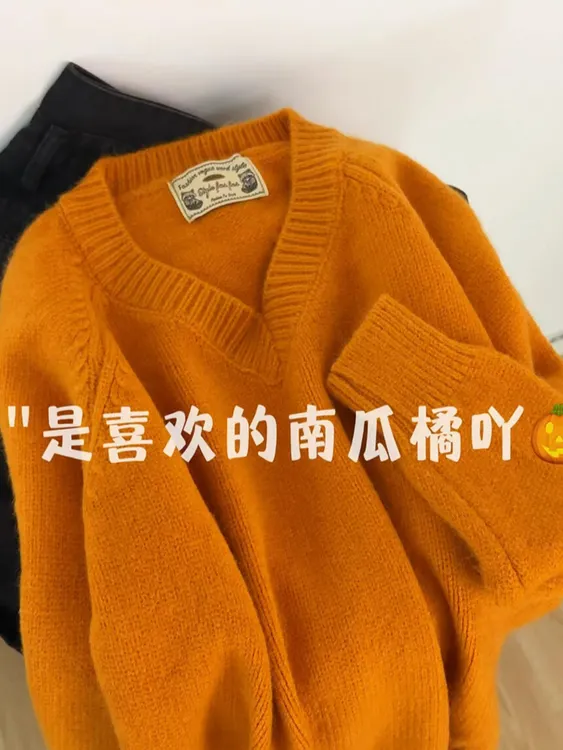 2025秋季新款显白南瓜橘V领长袖软糯针织衫女秋冬季慵懒宽松毛衣