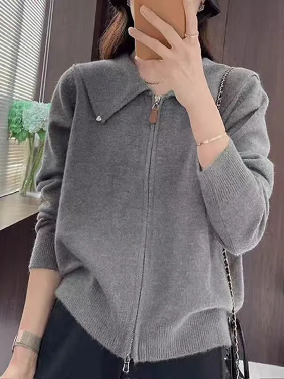 大码时尚翻领针织开衫女2025新款秋季上衣宽松显瘦长袖毛衣H857