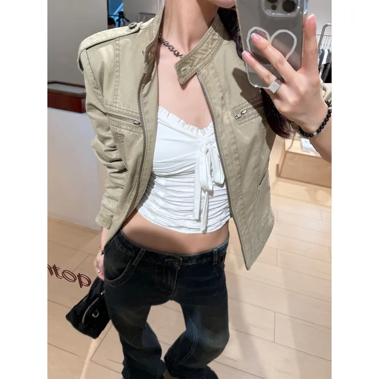 美式卡其色牛仔立领做旧复古短款外套女秋季时尚休闲修身夹克上衣