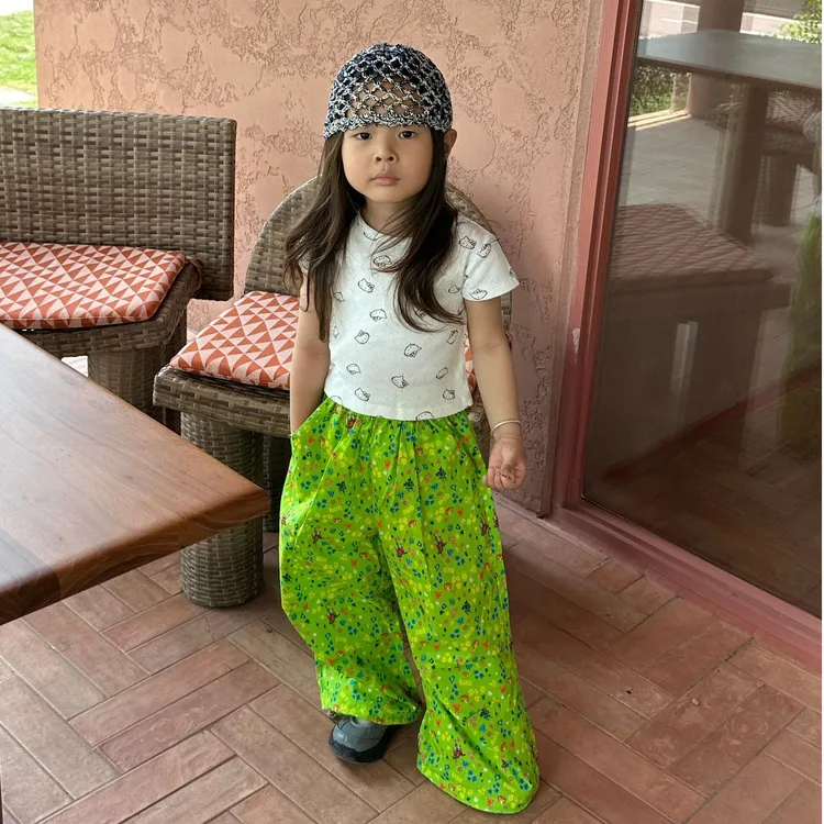 小思家女童套装2025夏时髦韩版百搭卡通猫短袖T恤碎花宽松阔腿裤