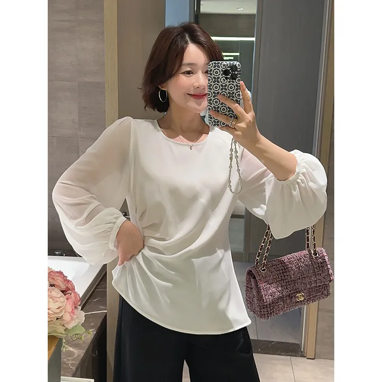 【DIS 现货】【月洒清柔】早秋气质百搭褶皱泡泡袖圆领上衣Z525E11704