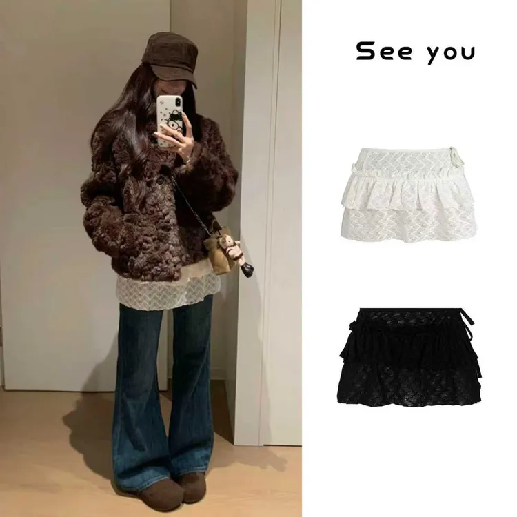 叠穿神器 2025系带蕾丝木耳边短款屁帘围裙帘摆裙搭配下摆X2153