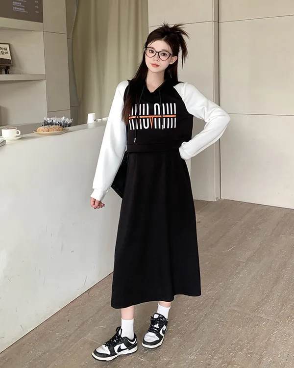 大码2025秋季时尚韩版连帽上衣显瘦连衣裙微胖mm减龄裙子女63498