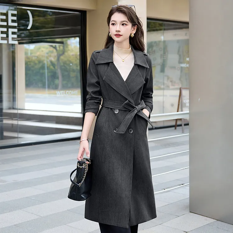 春秋新品女装气质优雅翻领双排扣长款外套显瘦系带女式风衣 HR999