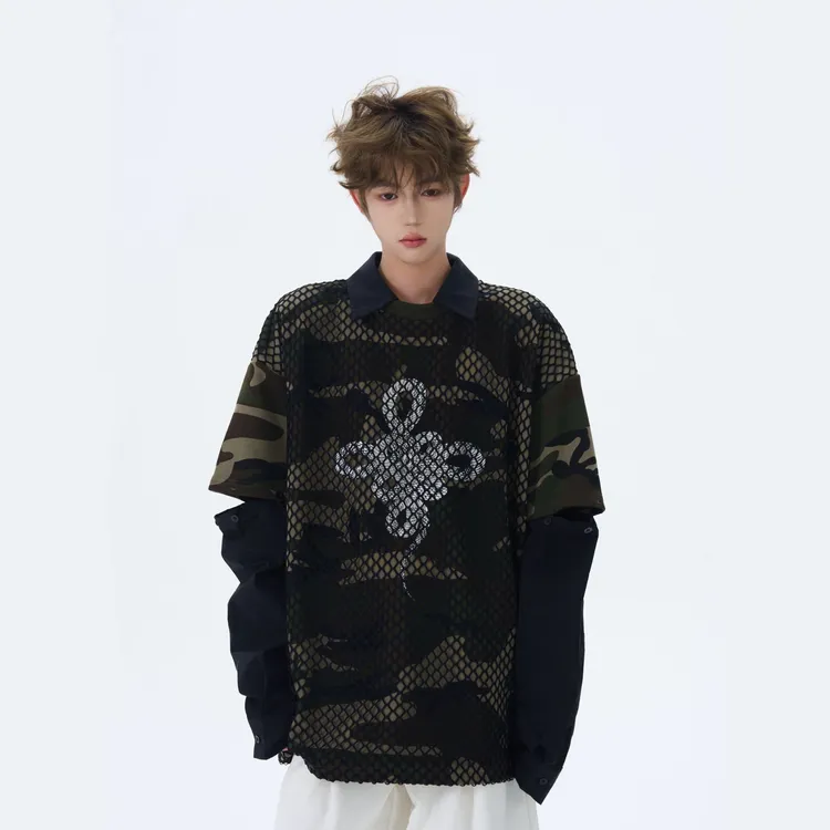  CleanlyGirl “草色灰线”迷彩撞色丝网可拆卸长袖做旧假两件短袖