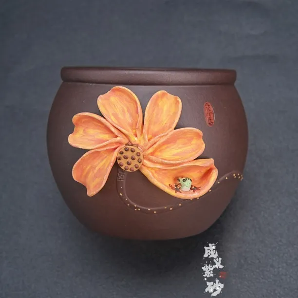 宜兴正宗原矿紫泥手工捏制青蛙莲子莲花水缸杯全手工制180ml