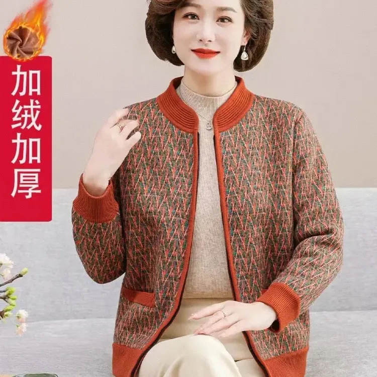 中老年女装妈妈装秋冬季加绒加厚保暖外套女开衫老太太休闲衣服女