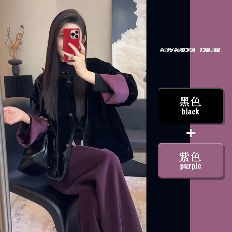 时尚复古套装女2025秋季新款高级感新中式国风长袖外套裤子两件套