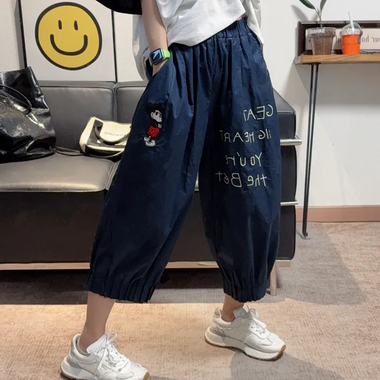 新款超洋气薄款米奇刺绣风琴褶宽松版九分休闲裤女显瘦百搭