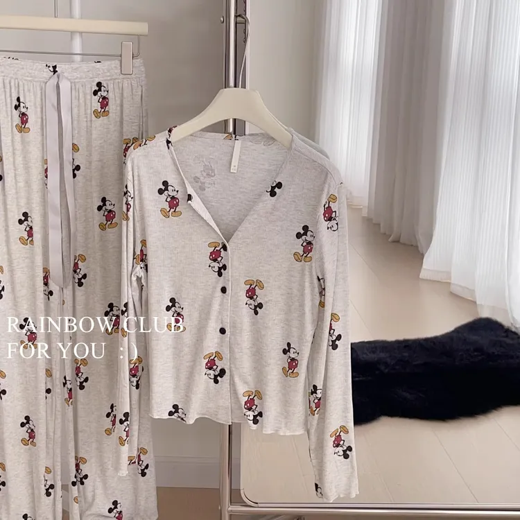 韩版可爱米奇长袖睡衣女春秋款高级感卡通印花学生休闲家居服套装