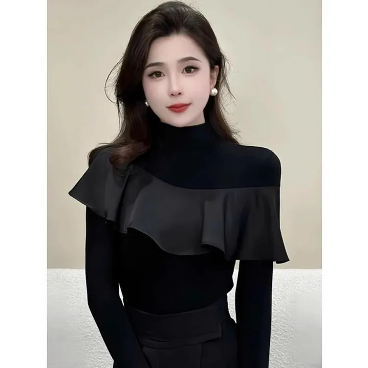 设计感法式开春荷叶边半高领长袖T恤上衣西装阔腿裤显瘦气质黑色