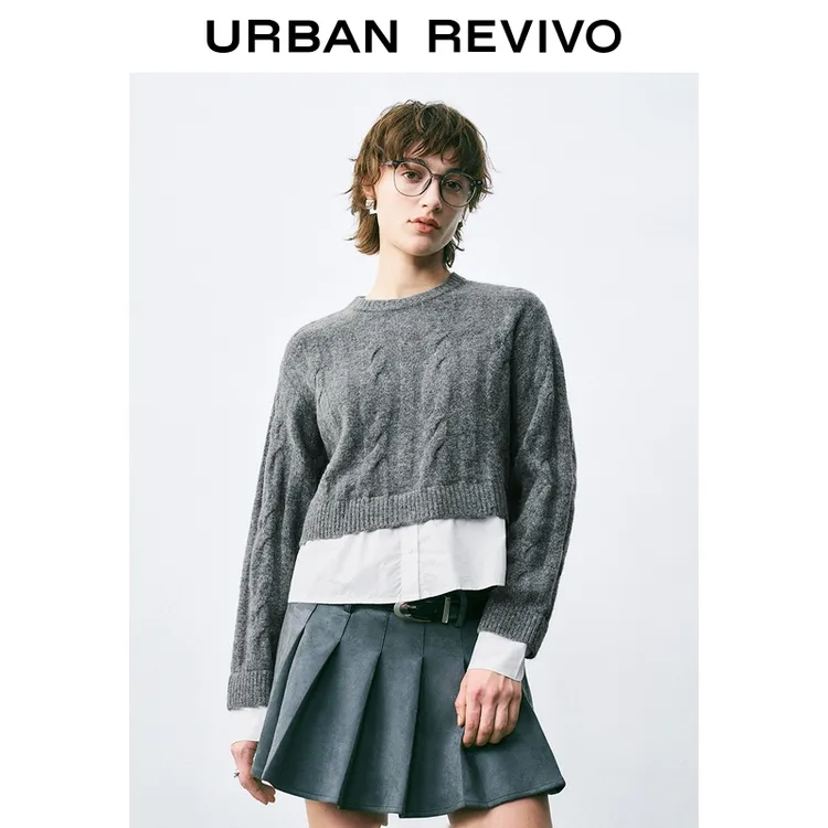 UR2025秋季新款女装休闲设计感假两件拼接针织衫UYY950095+