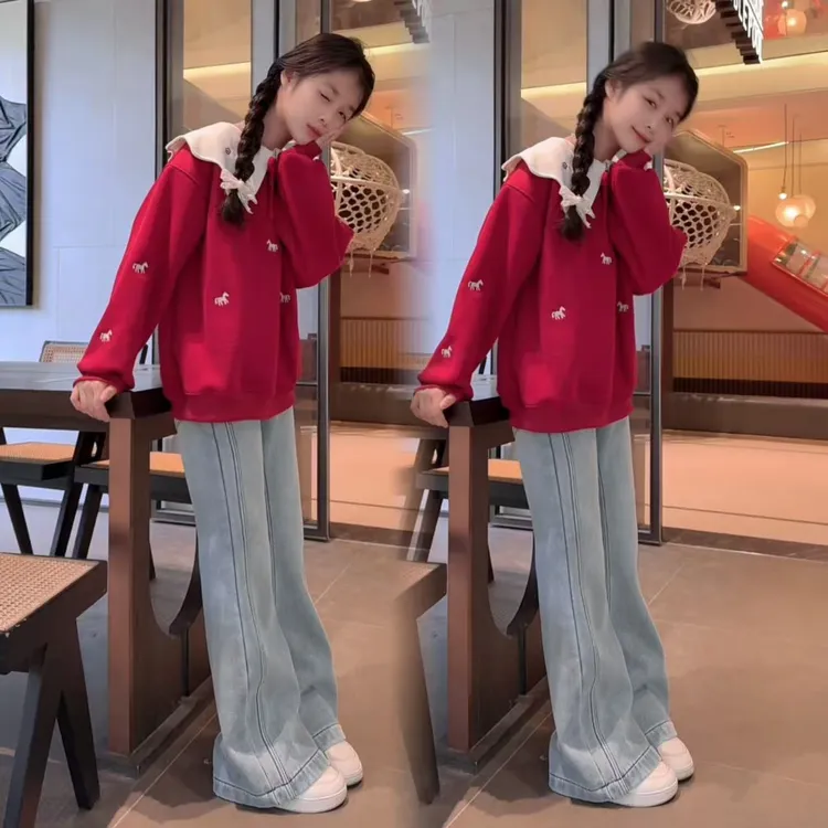 女童套装 新款冬季加绒年货卫衣中大童时尚修身牛仔喇叭裤两件套