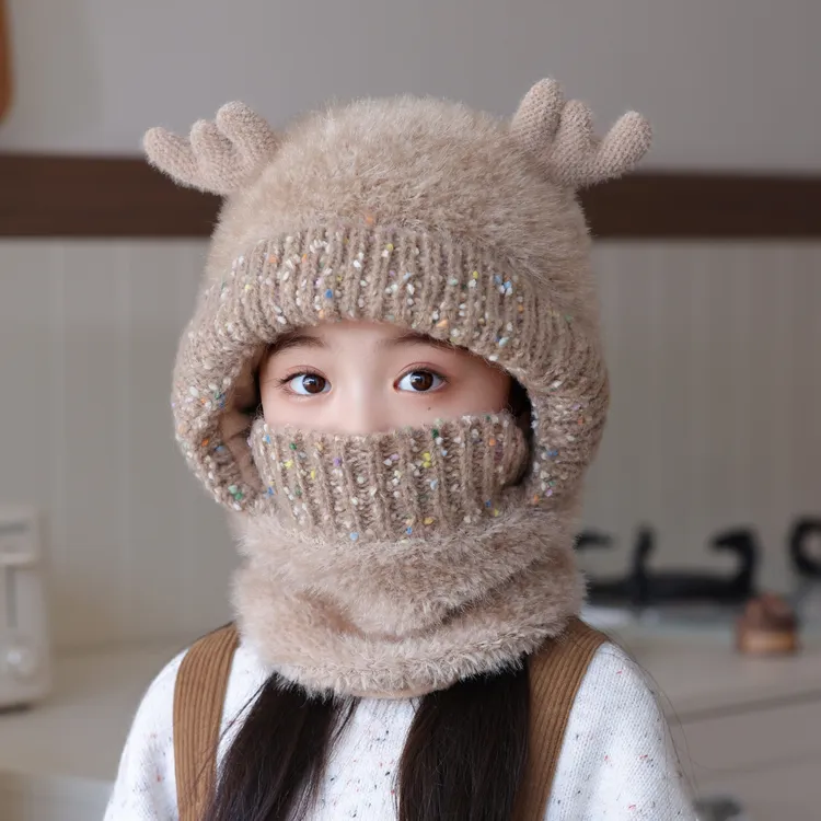 儿童帽子围脖口罩一体冬季男女童加绒保暖护耳宝宝鹿角毛线套头帽