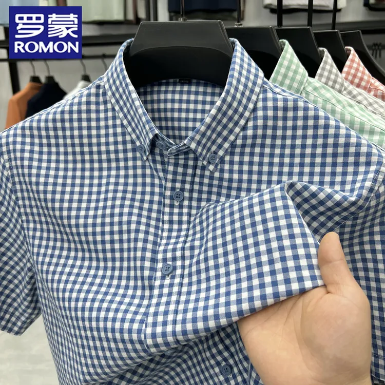 罗蒙夏季衬衫短袖莱赛尔棉半袖男士时尚格子休闲百搭衬衣棉半袖