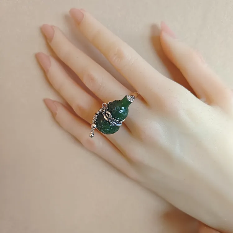 [00157]和田玉碧玉精美葫芦立体雕工s925银镶嵌开口戒
