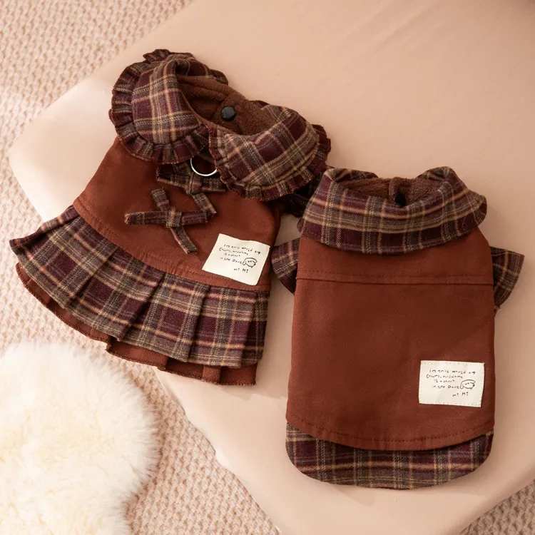 小狗狗衣服美拉德格纹情侣装约克夏小型犬秋冬季薄绒宠物服装0620