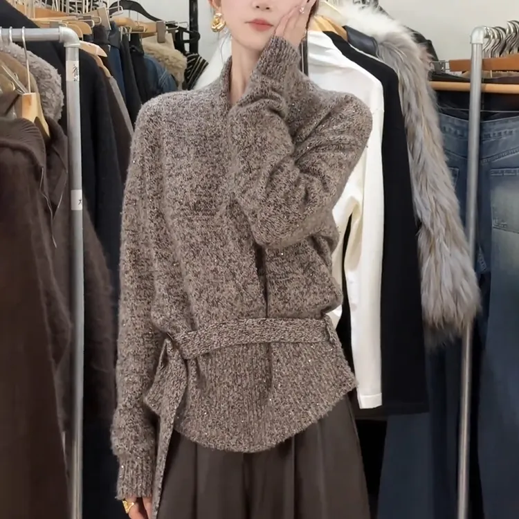 V领毛衣外套女士秋冬季慵懒风宽松显瘦绑带收腰显瘦针织开衫上衣