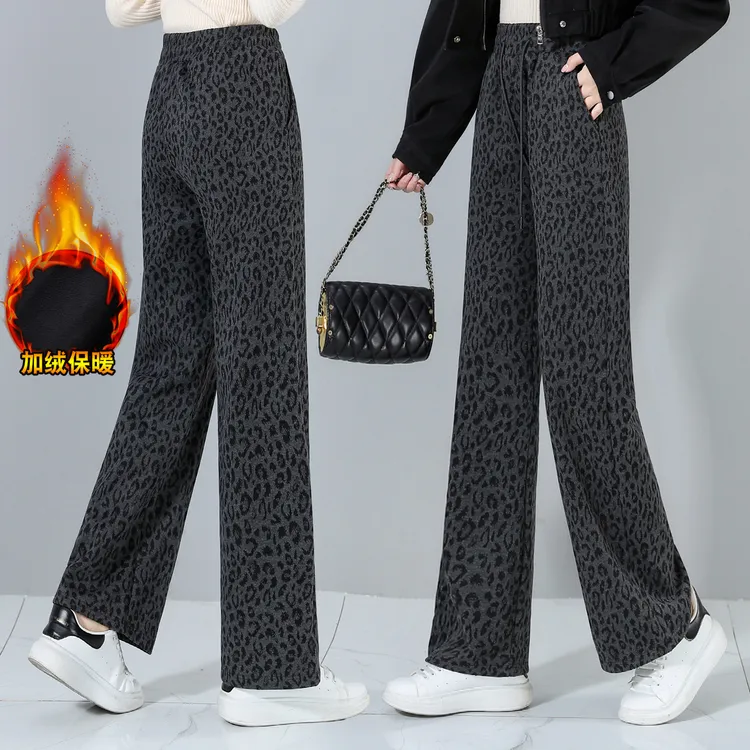 加绒豹纹窄版阔腿裤女款秋冬2025新款加厚毛呢休闲卫裤直筒长裤子