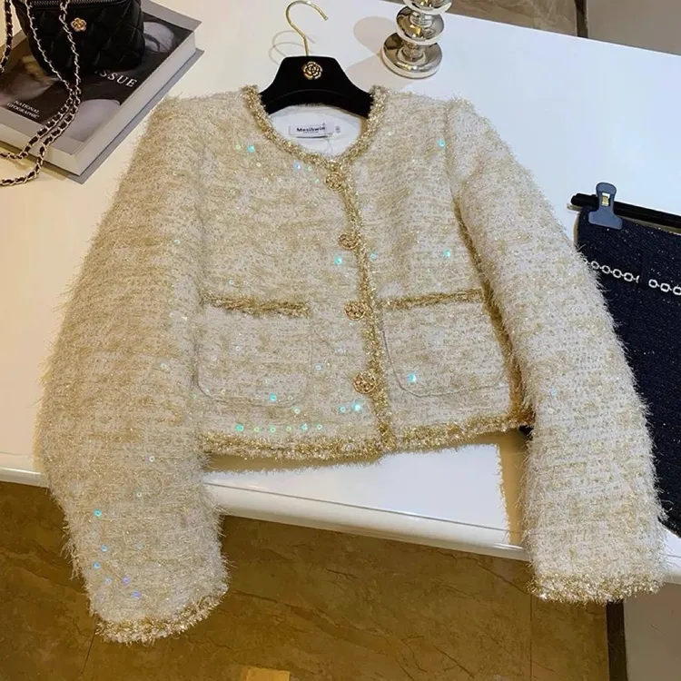 法式富家千金小香风充绒内胆外套2025冬季新款高级感亮片气质上衣