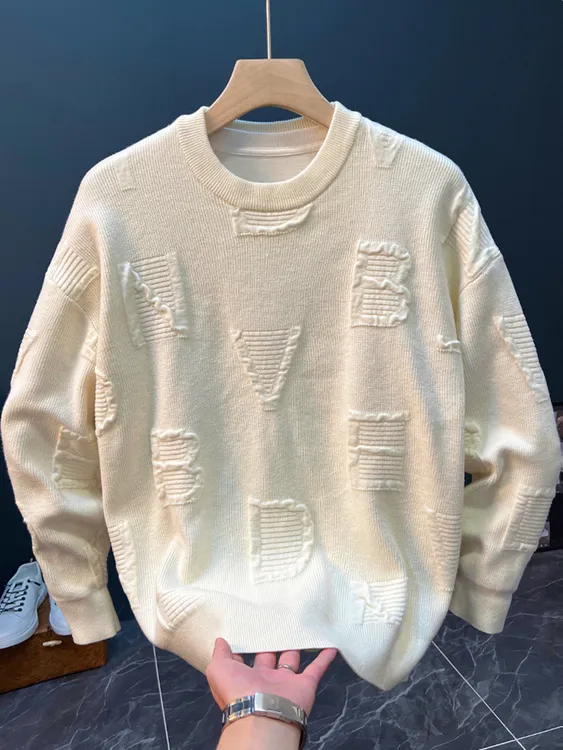 特大码300斤秋冬新款慵懒针织衫潮男士保暖宽松打底字母提花毛衣2